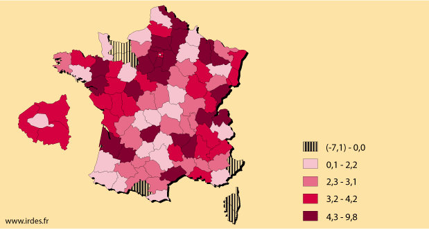 Taux d’évolution sur 10 ans de l’aide sociale aux personnes handicapées par département